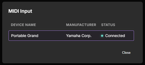MIDI devices dialog, showing a single device named Portable Grand by Yamaha Corp