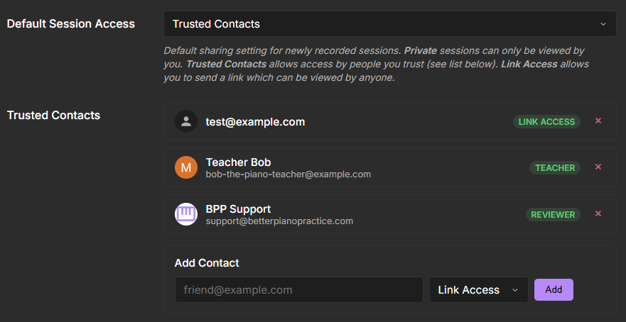 Sharing settings dialog, showing a list of trusted contacts and the default sharing setting