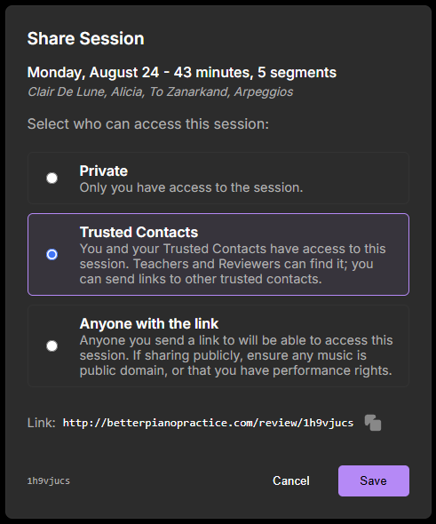 Session sharing dialog, showing the three main choices for sharing