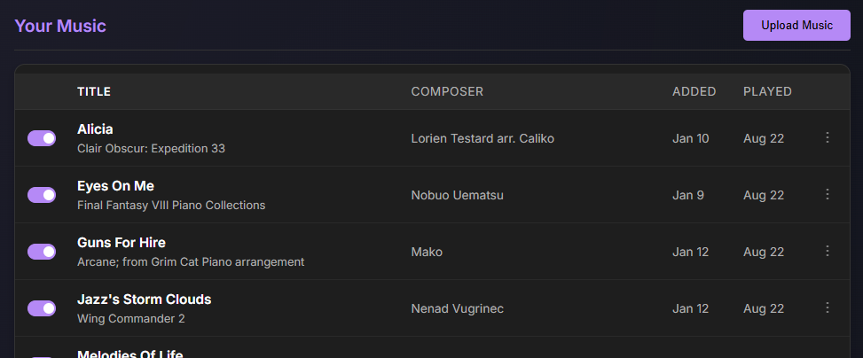 Screenshot of the music library view, showing several titles mostly from video games